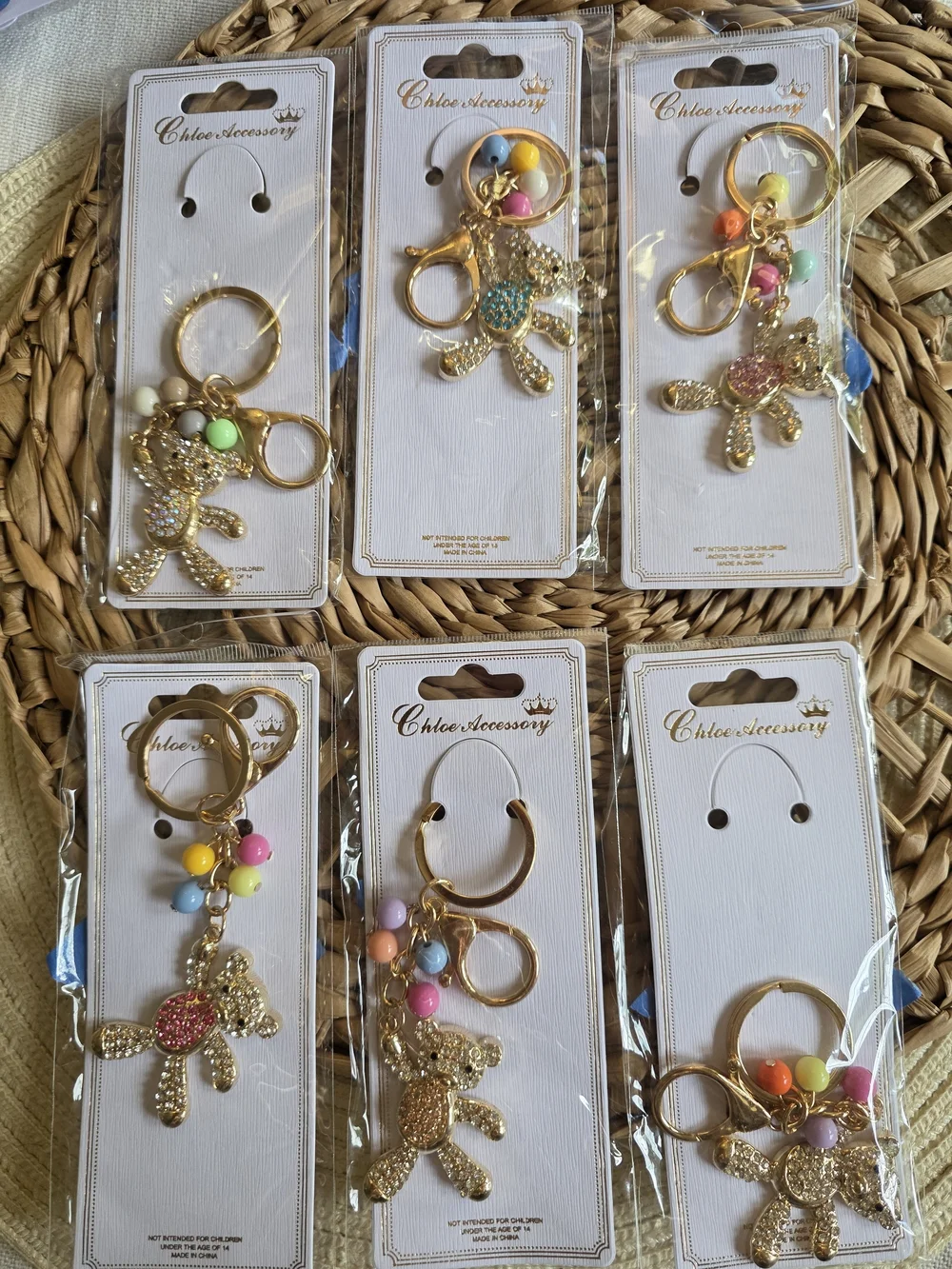 Gold Teddy Keychain with Pastel Beads - Pink/Blue/Yellow Accents